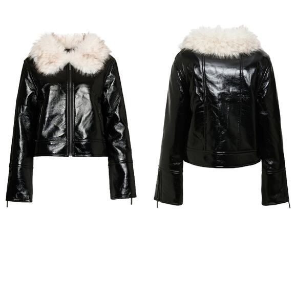 Revolve Unreal Fur Wet Look Aviator Biker Jacket Faux Leather/Fur Black L NWT - Picture 2 of 16